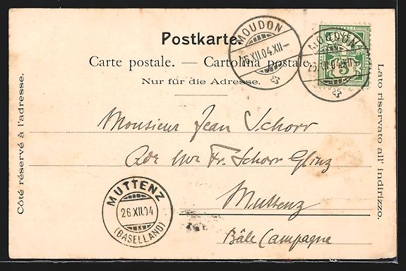 Cartoline postali: Litho Moudon, Ortspanorama mit Kirche – Usato da Berlin venduto da bartko-reher 1