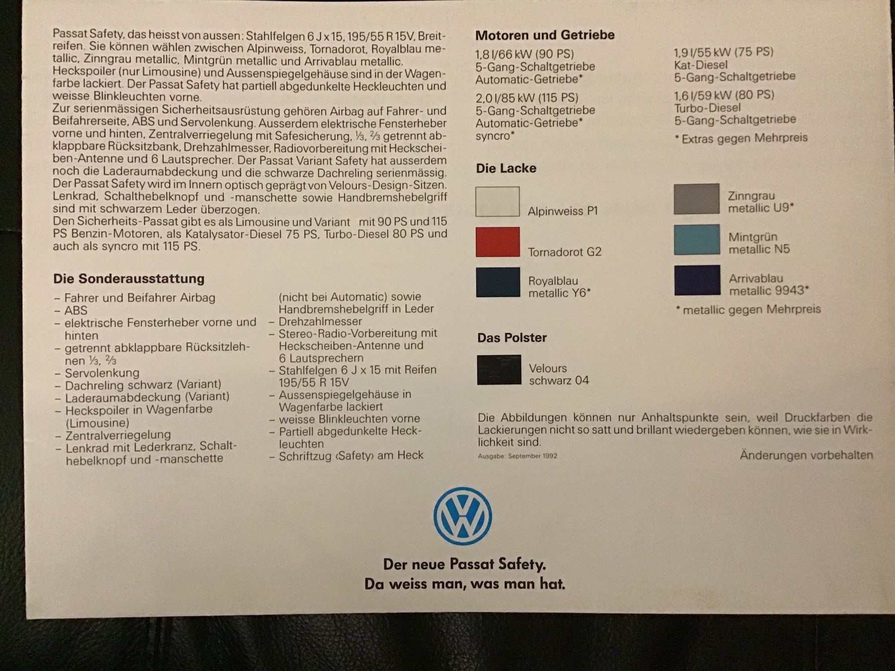 VW Documenti: VW Passat Safety Posterprospekt 12 Seiten September 1992 – Usato da Scherzingen venduto da Starseller62 4