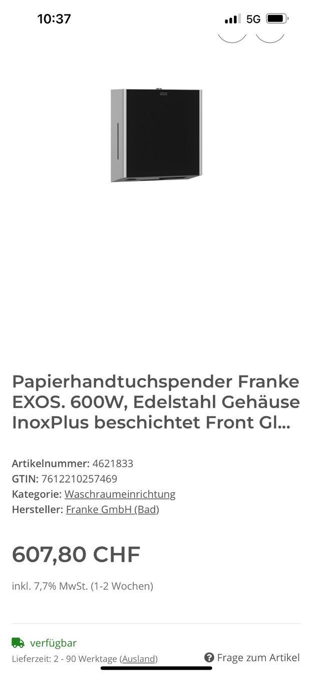 Portasciugamani: Franke Papierhandtuchspender elektr. Neu – Nuovo e nell'imballaggio originale da Egg b. Zürich venduto da SwissTradingAgency