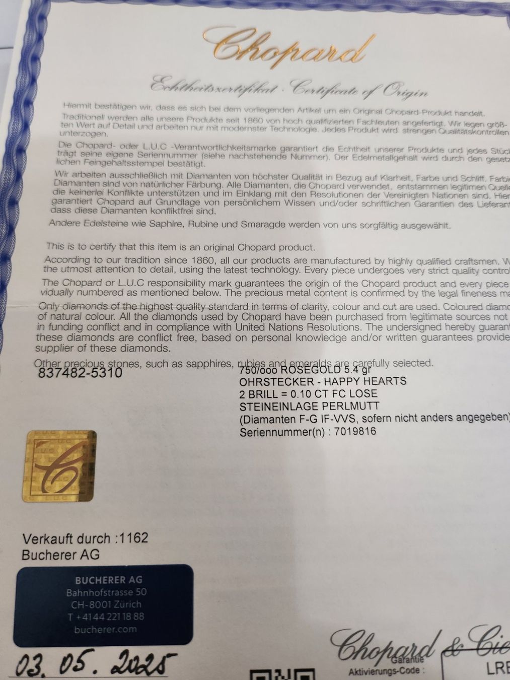 Chopard Boucles d'oreille: "Chopard " Ohrstecken. – D'occasion à Dietikon par Oxana01 2