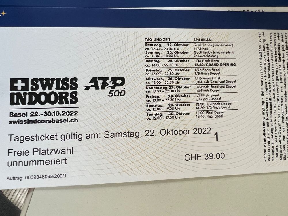 Tagestickets Tennis Swiss Indoors Basel Kaufen auf Ricardo