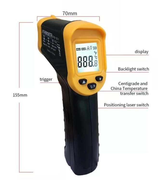 Tyenaza Infrarot-Thermometer – -50°C Bis 530°C, Laser, 12:1, Ohne Kontakt, Für Küche, Auto, Haushalt, Industrie, GM530