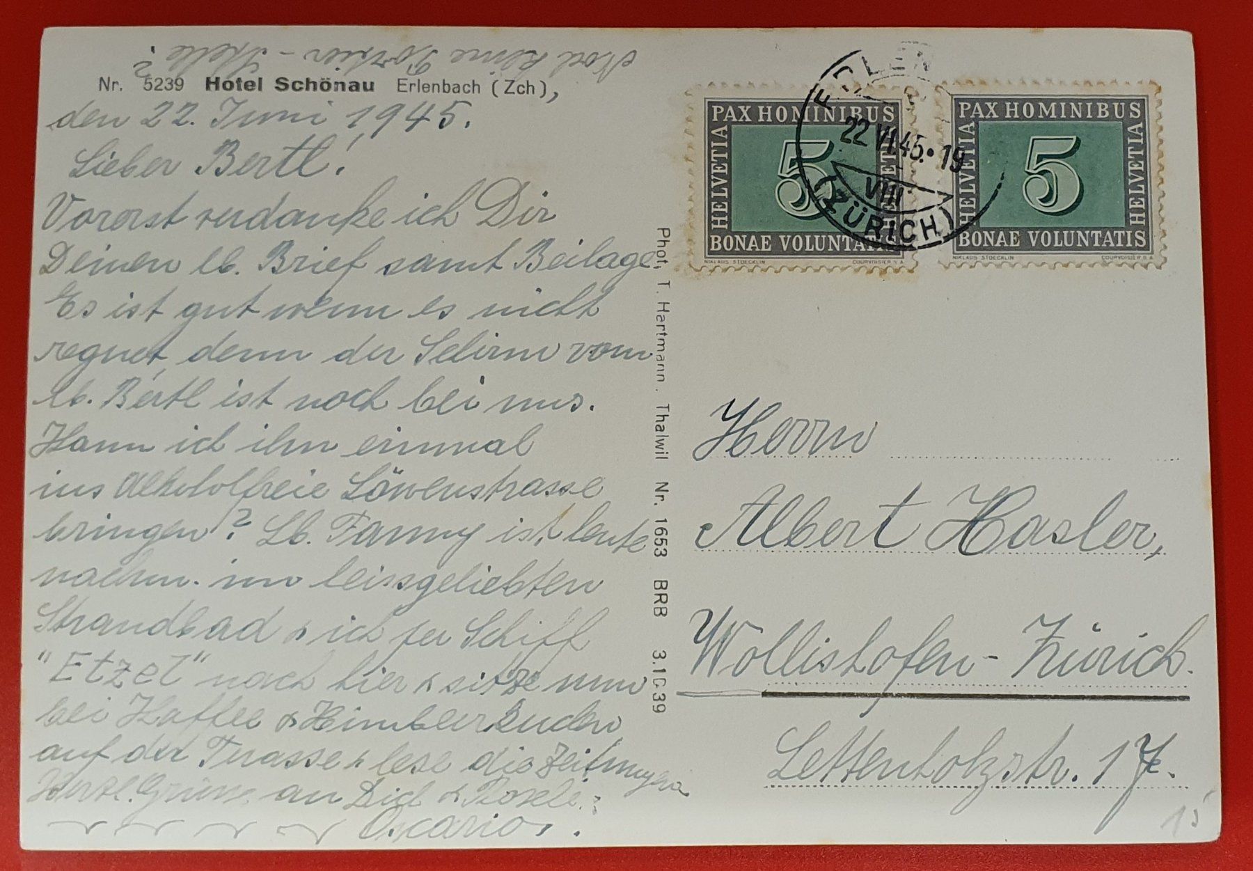 Cartoline postali: Erlenbach 1945 - Hotel Schönau – Usato da Kreuzlingen venduto da Rschweiz1 1