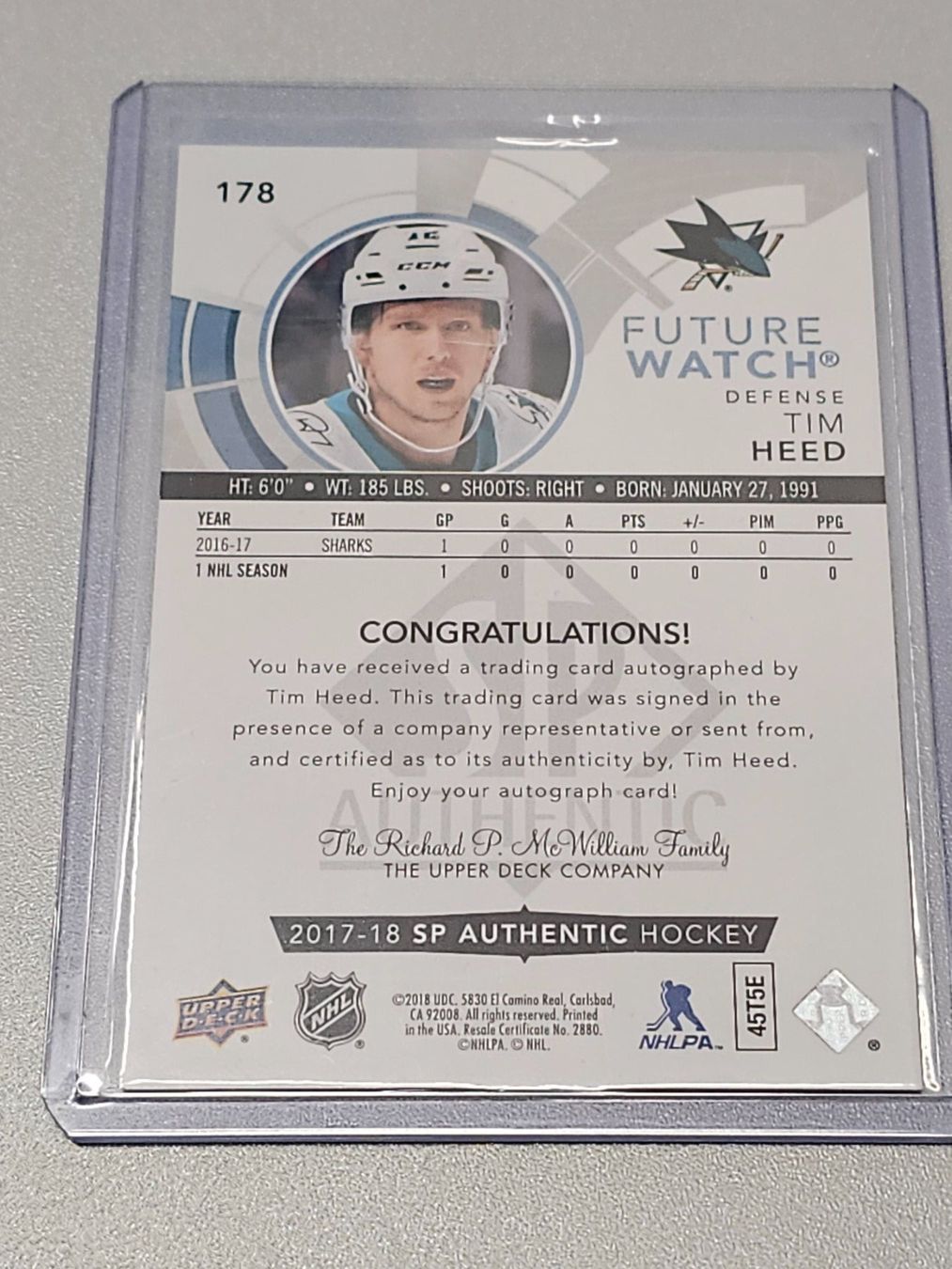 NHL Carte collezionabili: NHL Tim Heed Auto Future watch/999 HCAP, San Jose Sharks – Usato da Arth venduto da Web_air1 1