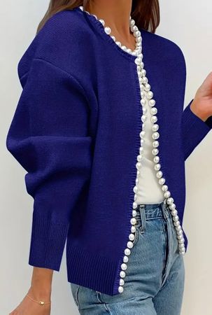 stilvolle und edle Strickjacke mit Perlen, blau, L