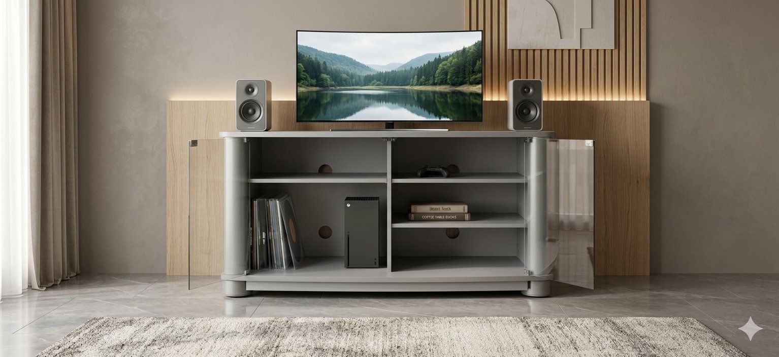 Mobili TV: Lowboard grau mit Glastüren, 2 Fächer, 120 cm breit – Usato da Altendorf venduto da Oracelcrash 1