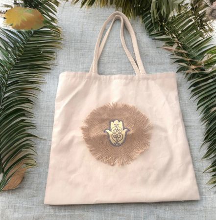 Borsa in tela decorata con simbolo mano di Fatima nuova