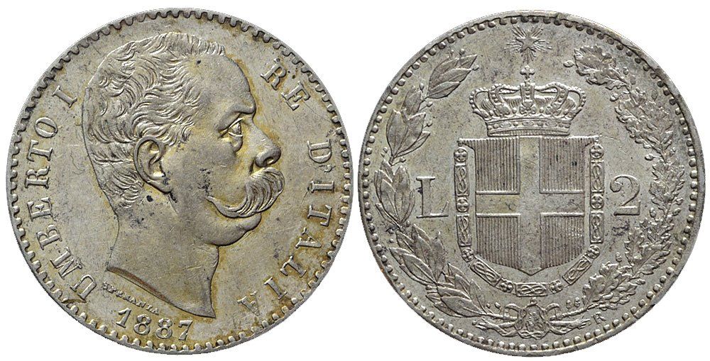 Alle Münzen: Italien, 2 Lire 1887 Roma – Gebraucht aus Chiasso von Novamarketing