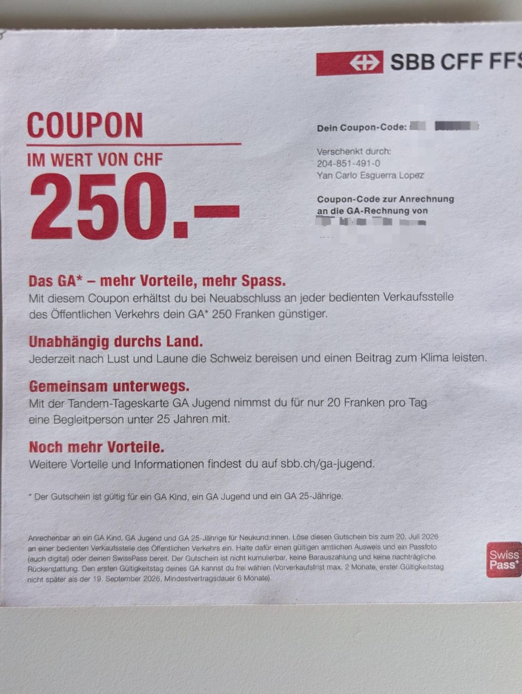 SBB/CFF/FFS Gutscheine: SBB Gutschein CHF 250  – Neu und originalverpackt aus Lenzburg von Yan_qkf7