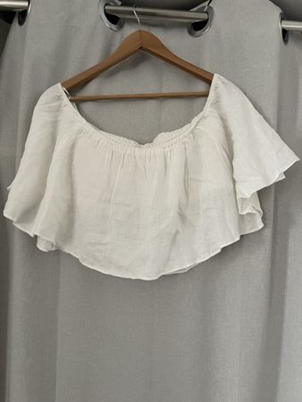 Zara Off-Shoulder Top weiss Leinen Volants-Gr. S Versand 8.5