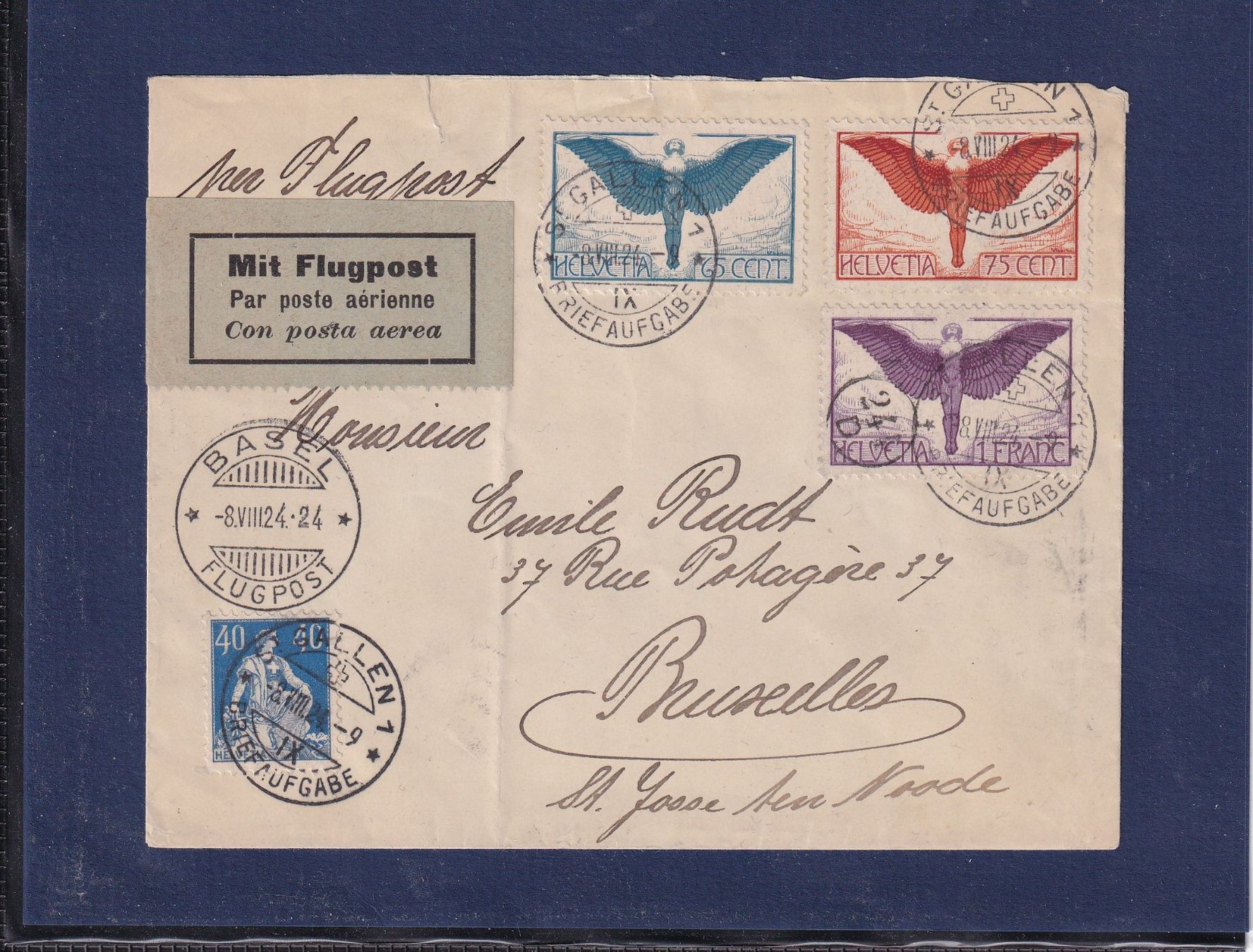 Tutti i francobolli: Par avion - Bâle - Bruxelles / 8.8.1924 – Usato da Orvin venduto da Pyaeschli