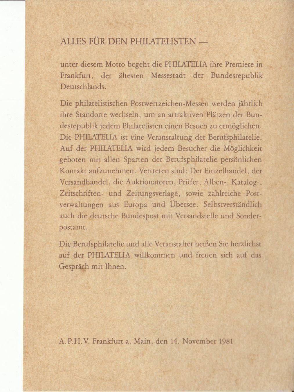 Tutti i francobolli: Faltblatt Philatelia '81 Frankfurt – Usato da Bürglen TG venduto da StampGraf 2