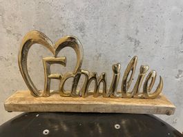 Deko Schriftzug / Familie mit Herz / Holz-Alu-Gold/Neu/OVP