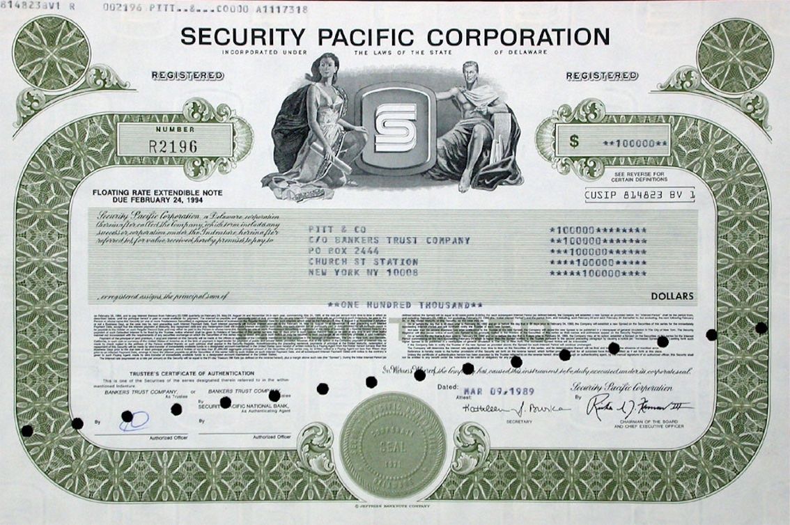 Documenti: Security Pacific Corporation - 1989 – Usato da Solothurn venduto da Sgasche