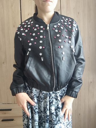 Black Faux Leather Bomber Jacket with Rhinestones Size S