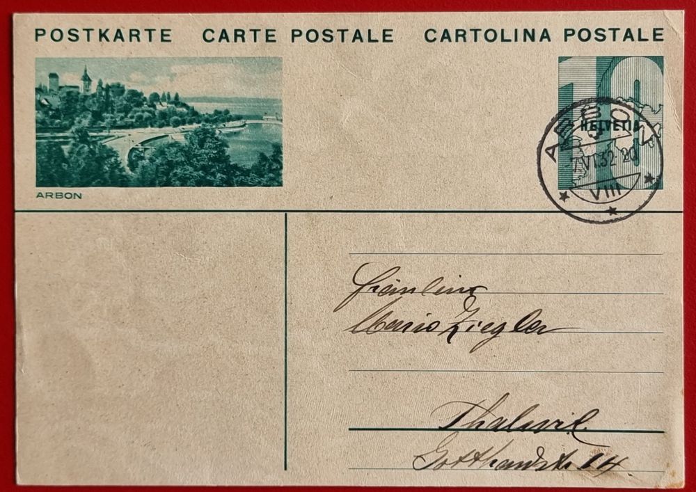 BILDPOSTKARTE BILD & STEMPEL ARBON THURGAU NACH THALWIL 1932 | Kaufen ...