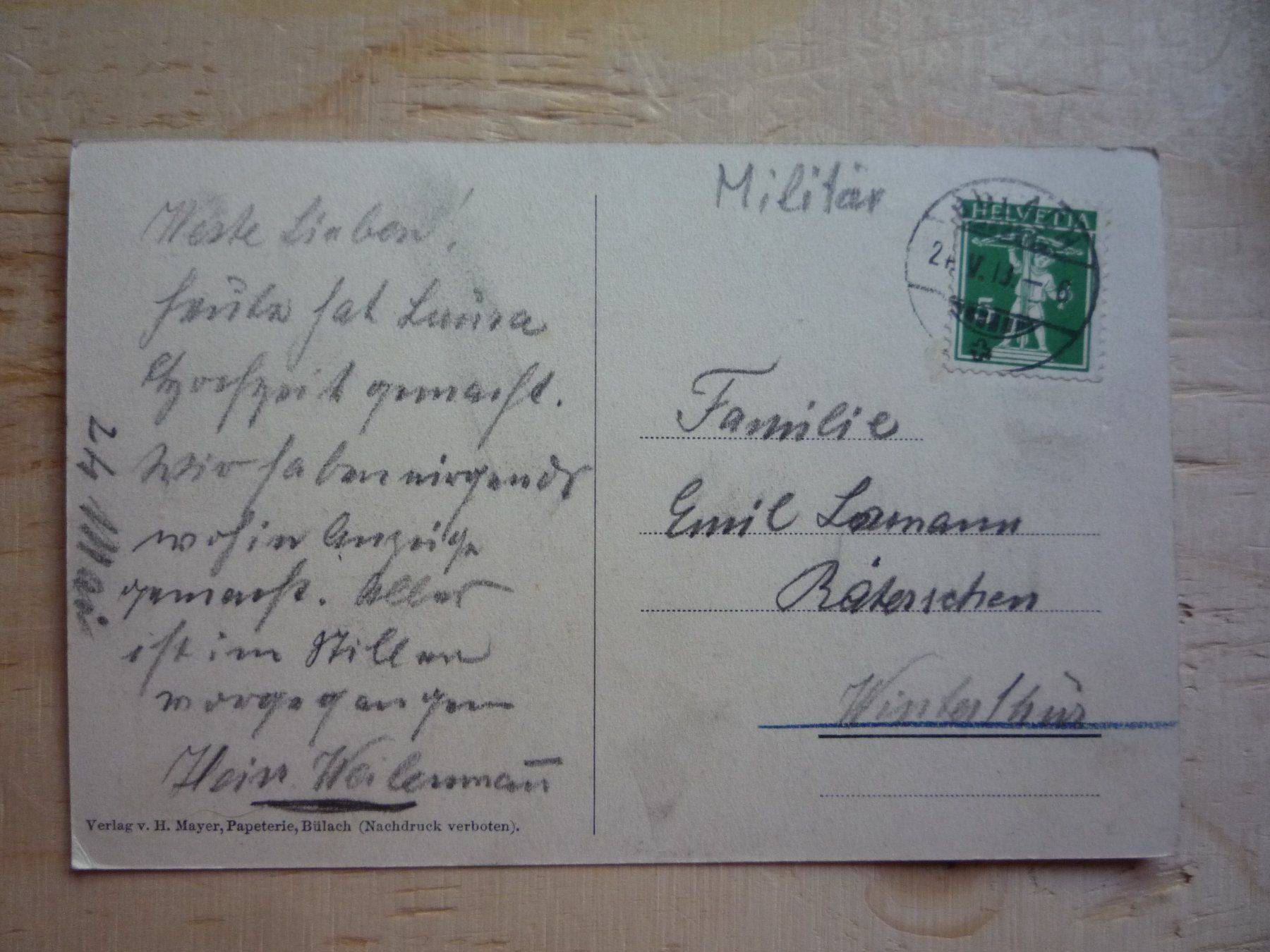 Cartoline postali: Kaserne Bülach, 21.V.13 – Usato da Rieden SG venduto da Brockehuesli 1