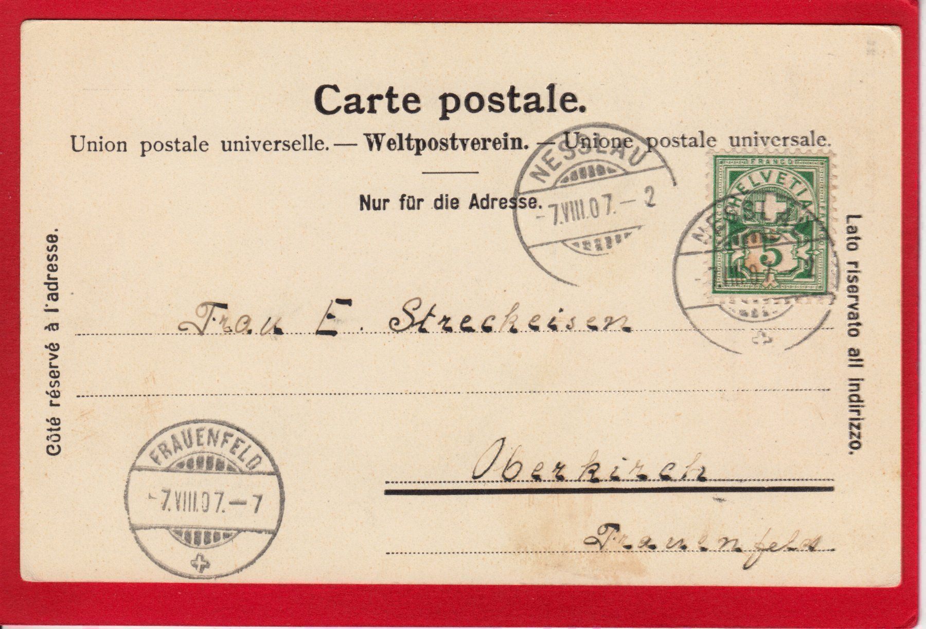 Cartoline postali: AK NESSLAUT TOGGENBURG 1907 – Usato da Grüningen venduto da Kartensammler 1