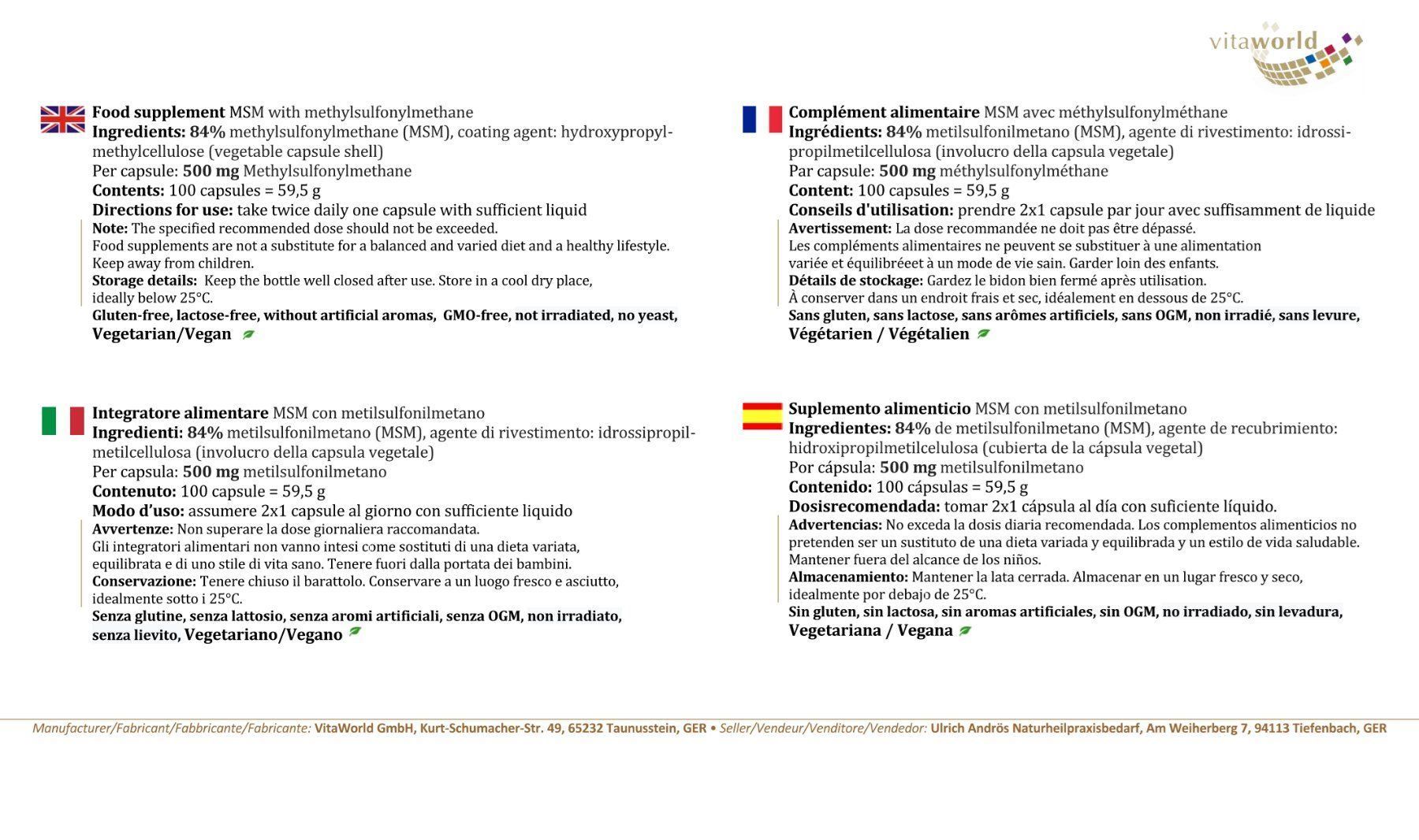 Alimentazione, Vitamine & Minerali: MSM 500 mg Methylsulfonylmethan 100 Kaps – Nuovo e nell'imballaggio originale da Tiefenbach venduto da nhp-bedarf 2