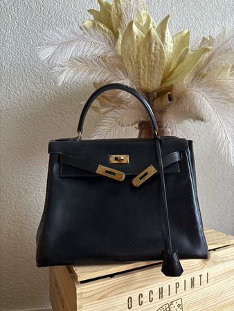Vintage Hermès Kelly 28 aus schwarzem Box-Leder