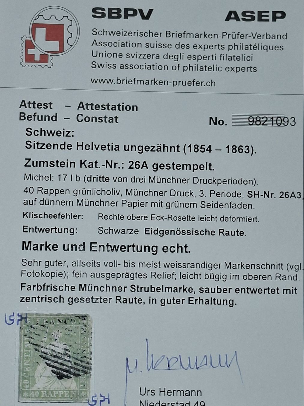 Tous les timbres: Strubel 26A3 mit Attest Kat. 500.- – D'occasion à Balgach par SIMEON27 2