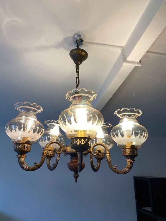 Lustre Ancien En Bronze Et Verre - Plafonnier Rétro Sans Marque - Déco Vintage