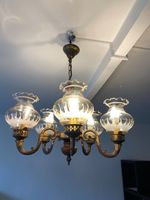 Lustre Ancien en Bronze et Bois avec 5 Boules en Verre