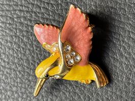 Broche colibri doré émaillé et strass, bijou original
