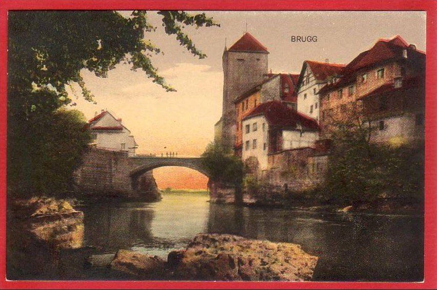 Cartoline postali: BRUGG, SCHWARZER TURM, ABENDSTIMMUNG 1920 – Usato da Grüningen venduto da Kartenlaube
