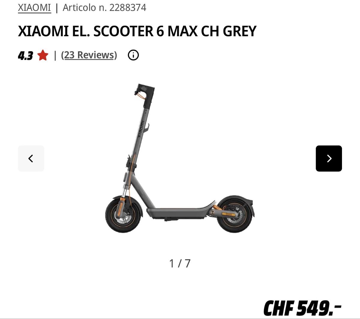 Scooter: Xiaomi Electric Scooter 6 Max CH Version Grey Colour – Nuovo (secondo la descrizione) da Adliswil venduto da RBZH