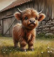 Kreuzstich-Sticken-Handarbeit-Highland-Kalb 30x30cm
