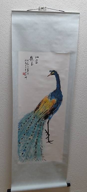 Gemälde: Chinesisches Rollbild, Tuschmalerei, Pfau, Seide – Neu (gemäss Beschreibung) aus Locarno von Sicabe
