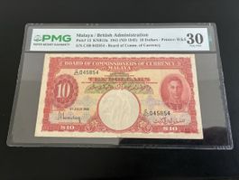 Malaya / Malaysia 10 Dollars 1941 P-13 King George VF