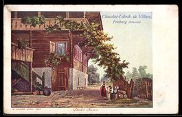 Künstler-AK Freiburg, Chocolat-Fabrik de Villars, Chalet Sui