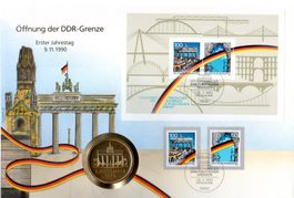 ÖFFNUNG DER DDR-GRENZE ERSTER JAHRESTAG 9.11.1990 MIT MÜNZE