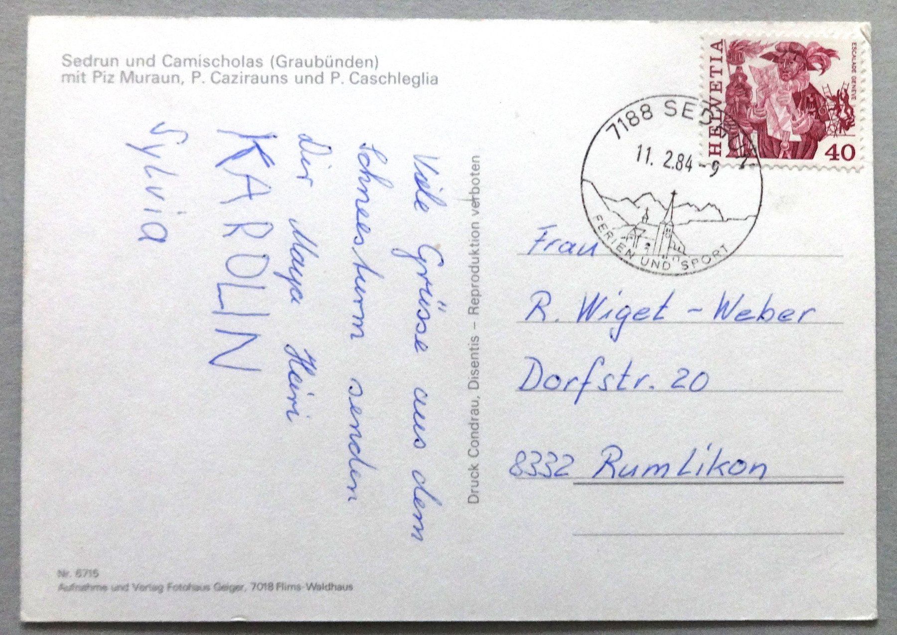 Cartoline postali: Sedrun und Camischolas (GR) – Usato da Fétigny venduto da Billy2miny 1