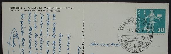 Ansichtskarten: GRÄCHEN Pfarrkirche mit Walliser Haus – Gebraucht aus Jona von philajona 1