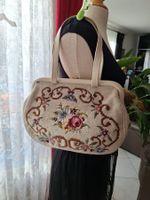 Sac beige en gobelin et cuir ,Vintage