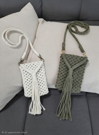Handmade Makramee Tasche in Weiss und Khaki.
