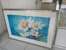 Blumen Aquarell-Druck, gerahmt und signiert. Top Zustand!