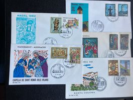 spanisch Andorra 1977/82 5 ill. Ersttagsbriefe Weihnachten