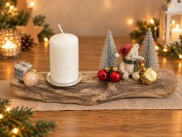 Weihnachtsdeko auf Treibholz mit Kerze und Figur neu