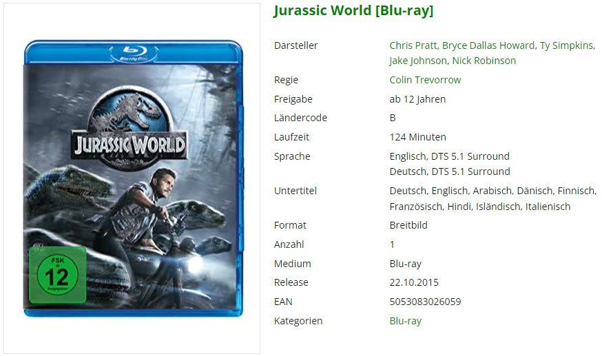 Tutti i DVDs: Jurassic World (Bluray) – Usato da Buchrain venduto da Sssschaller