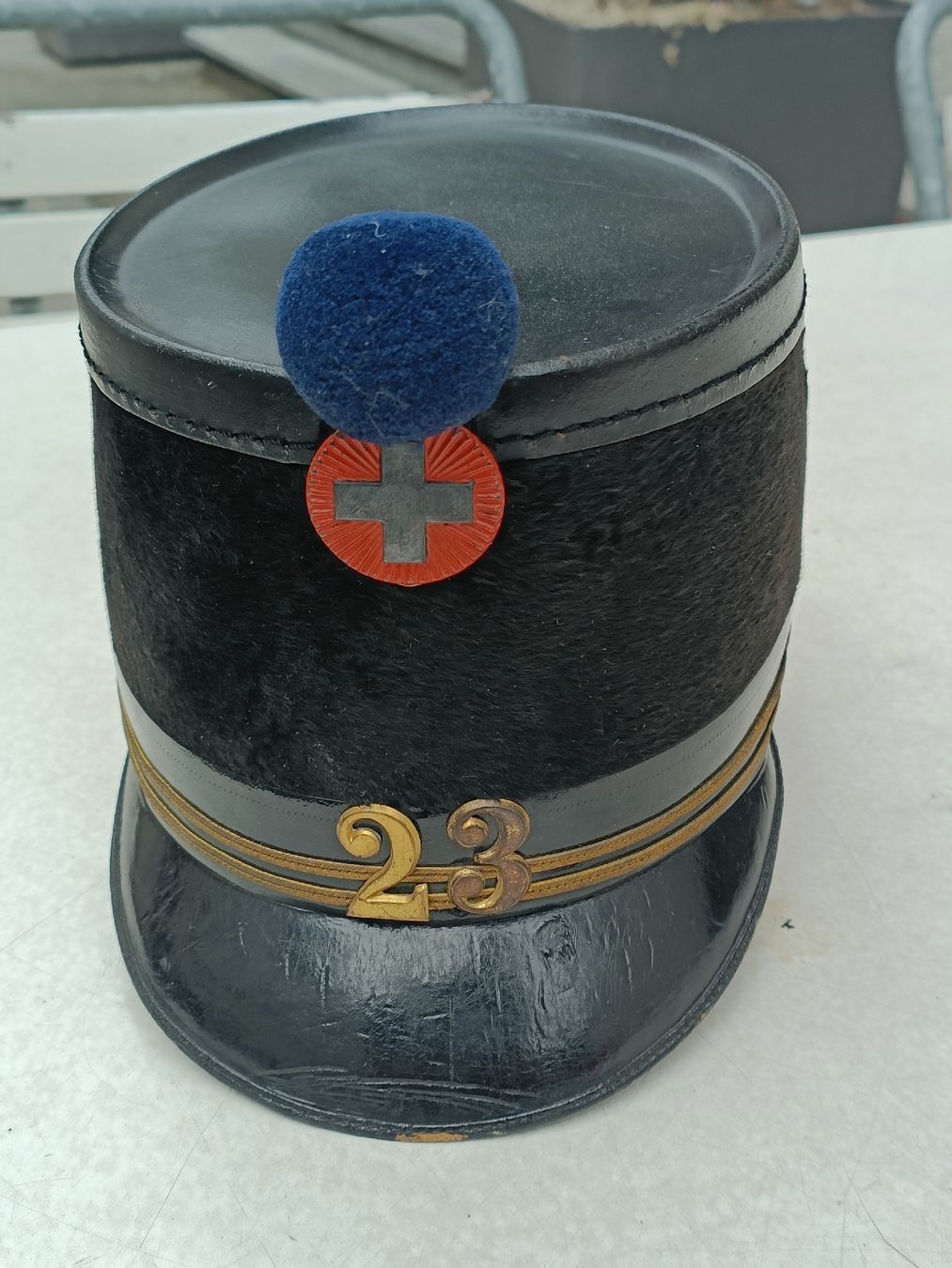 Schweizer Armee Uniformi: Tschako 1898 Oberleutnant Apotheker – Usato da Brugg AG venduto da Ente015