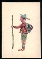 Mann mit Briefmarkencollage als Kleidung