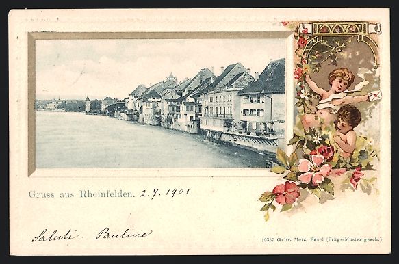 Cartoline postali: Präge-AK Rheinfelden, Häuser am Fluss, – Usato da Berlin venduto da bartko-reher
