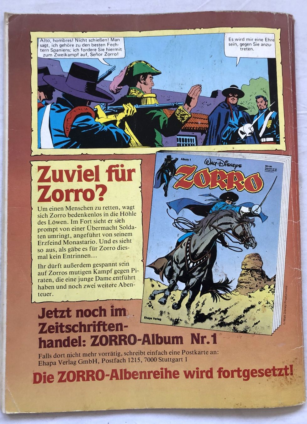 Fumetti: ZORRO - Comicalbum - Nr.2 - Ehapa Verlag – Usato da Schaffhausen venduto da durruti 4