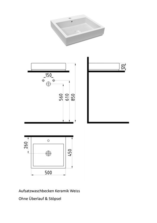 KERRA Aufsatzbecken Aus Sanitärkeramik – Maße 47,5 X 36,5 X 13 Cm, Klassisches Design Für Waschtisch
