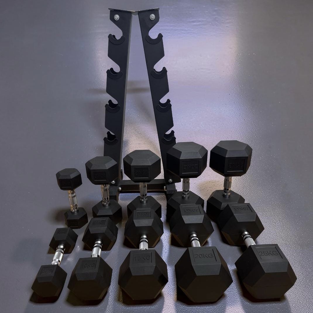 Hanteln & Gewichte: 5 - 25kg Pro Set - Rubber Hex Hanteln Dumbbells with Rack – Neu und originalverpackt aus Wollerau von IRONOX