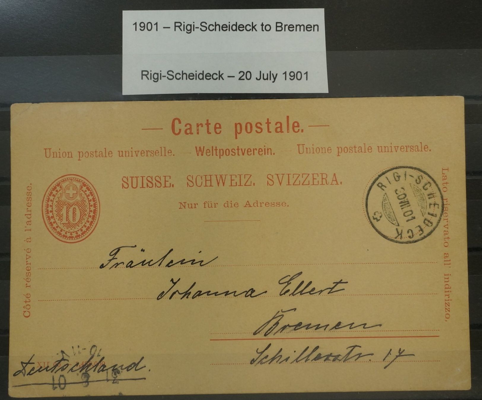Tutti i francobolli: CH - Postkarte - Rigi Scheideck nach Bremen DE – Usato da Rombach venduto da VENTIS-Auktionen